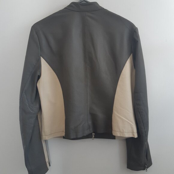 OXYHO Sorento Large Women's Genuine Leather Coat, Two-Tone Olive/Grey + Beige - Picture 16 of 16